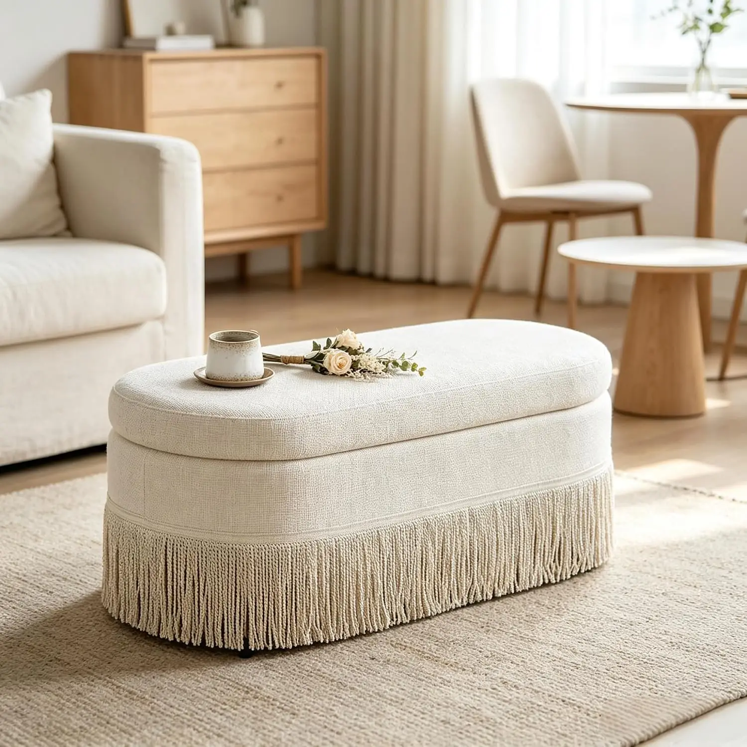 Oval Storage Ottoman With Tassel, 39