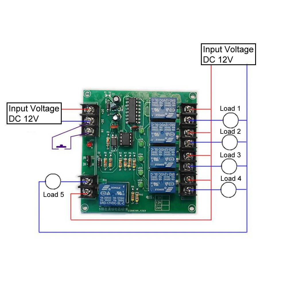 DC 12V 5CH Self-locking Relay Module 5Bit 10A High/Low Level Trigger Select Switch Controller Electronic Component 5 Loads