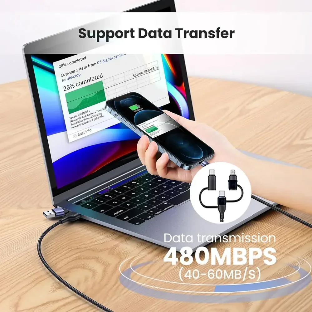 كابل شحن متعدد 4 5 في 1 PD 60 وات شحن سريع محمول USB C سلك شحن ومزامنة البيانات مع منافذ USB/Micro/Lightning من النوع C/Micro