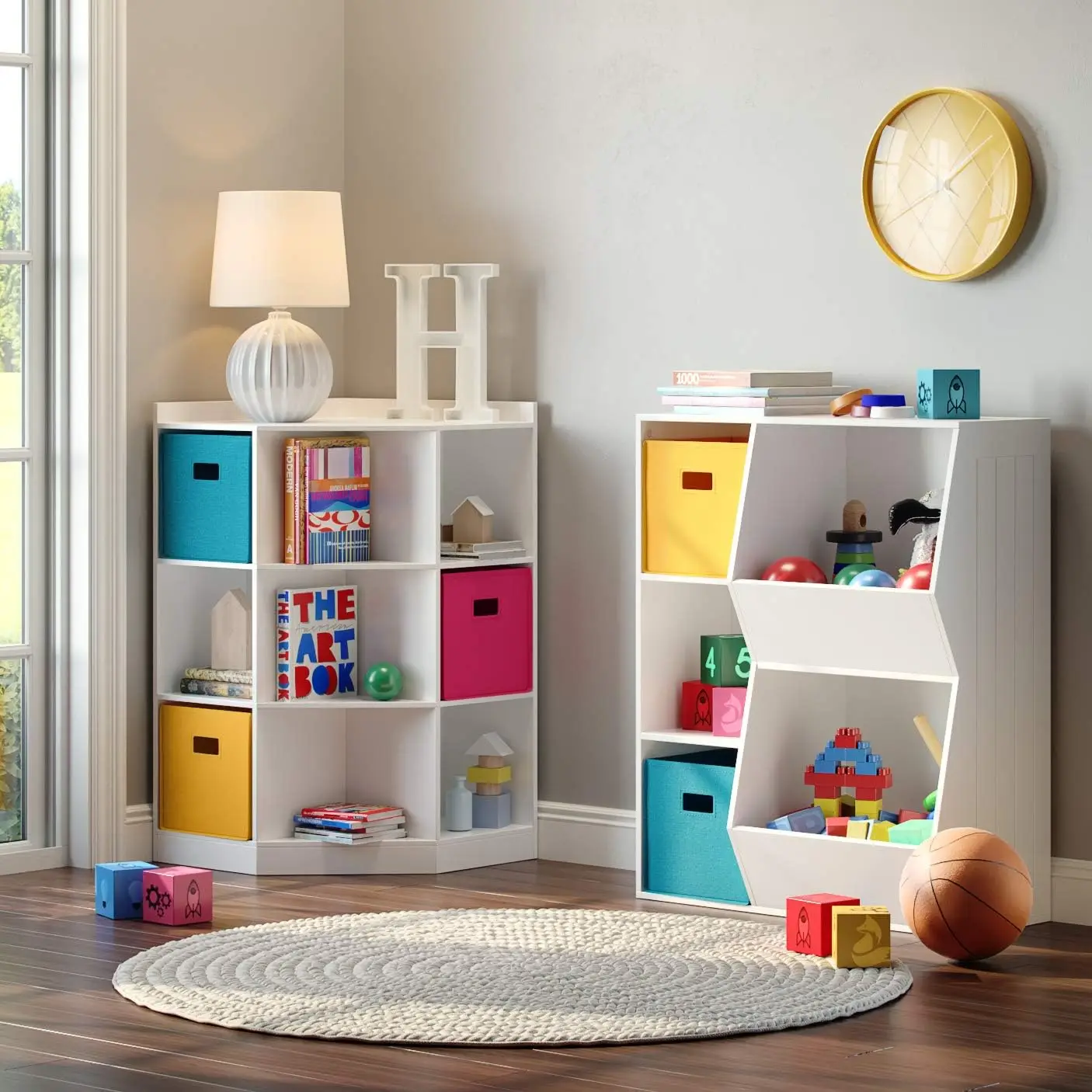 White Floor Storage Cabinet for Kids, 2-Veggie Bin, 3 Cubby