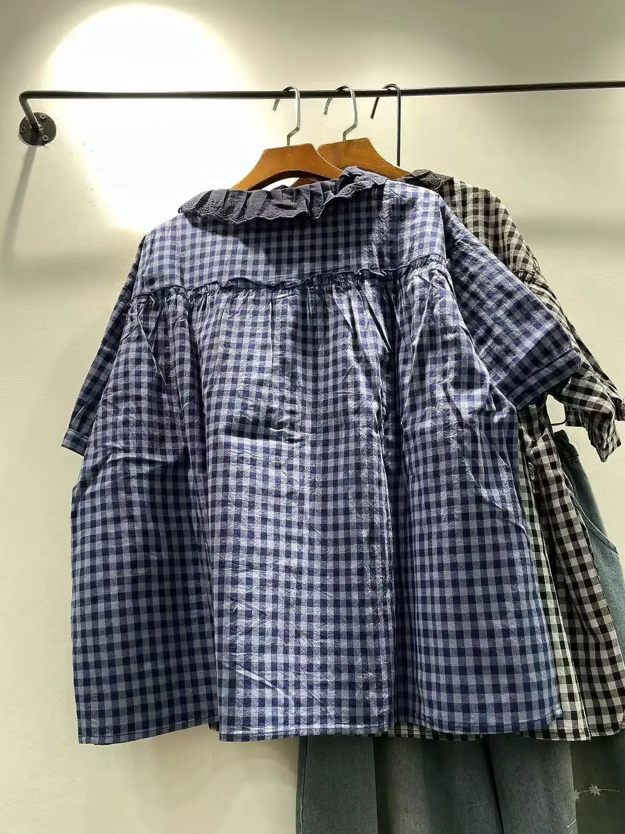 Bust 128cm Mori girl summer Japanese style lace collar blue black checkered shirts and blouses for women 100% cotton vintage top