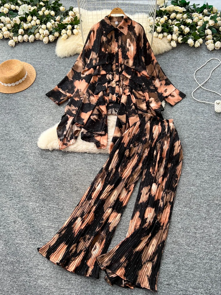 

Faionable Batwing Sve Printed irt And Diamond Embellied High Waist Pants Women's Set Asymmetrical Loose Fit Sle