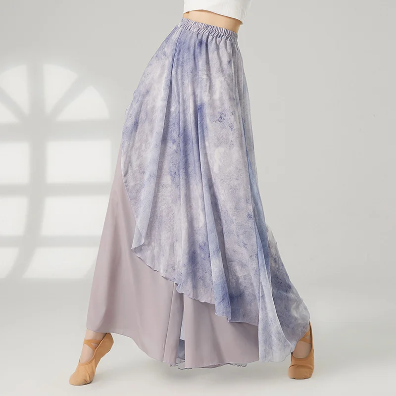 

Двухслойные шифоновые танцевальные брюки, современный ханьфу, новая классическая танцовщица, тренировочная юбка, брюки-кюлоты с принтом, свободная высокая талия