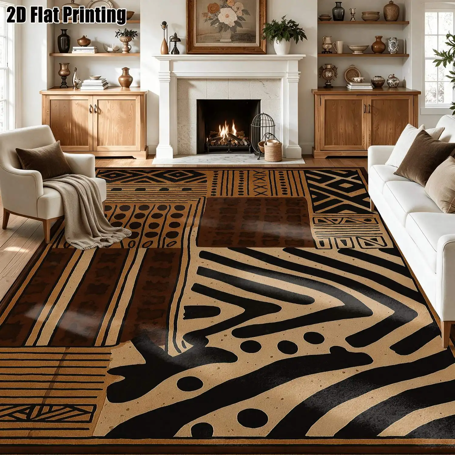 1Pc 2D Printed Retro Brown Black Geometric Abstract Nordic/Instagram Style Carpet, Machine Washable, Multi-Size, Ideal for Home Decor & Various Spaces Like Entrance, Dining, Living Room, Bedroom