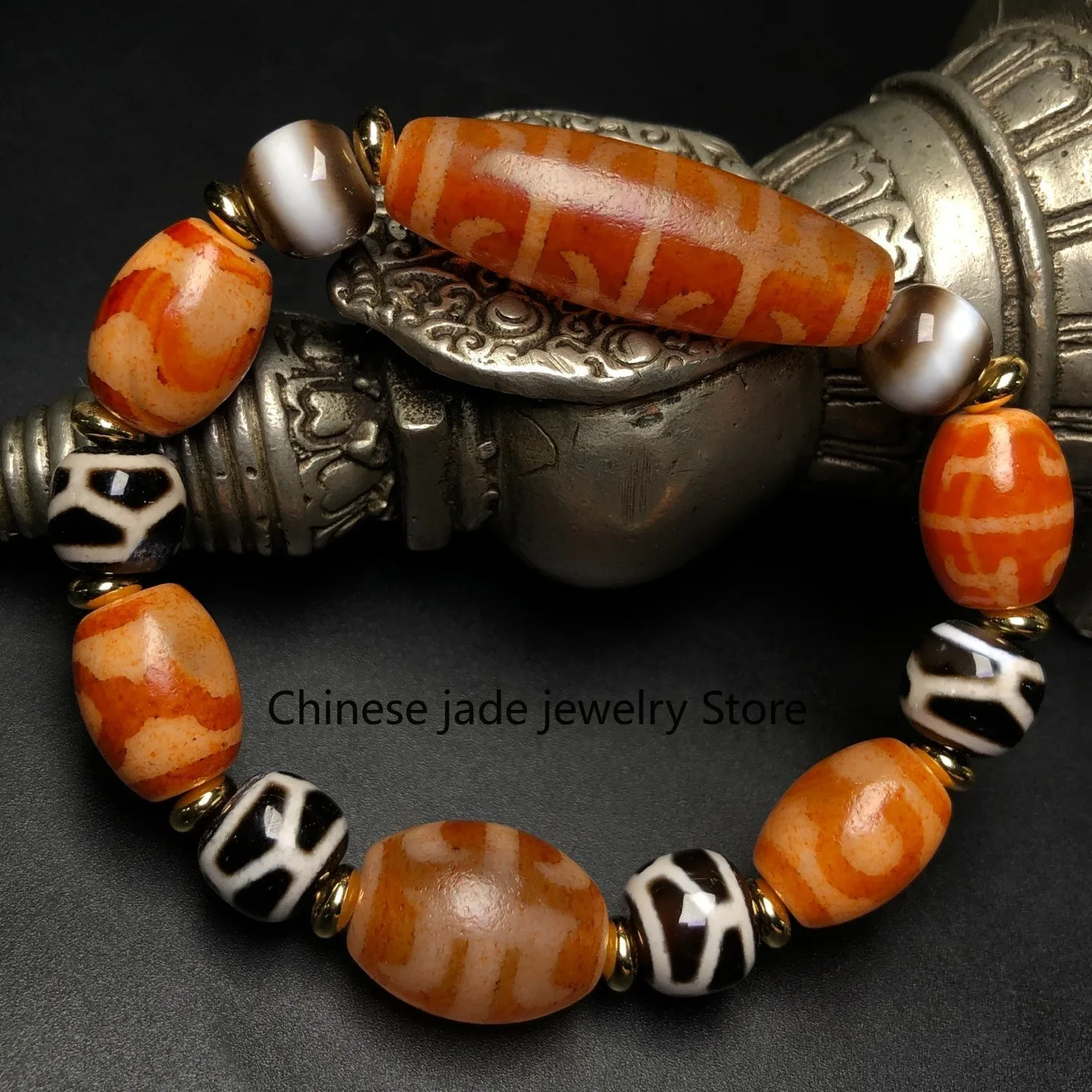 Тибетский браслет из тибетского старого агата Дзи Линьши с 3-глазами и бусинами M0801