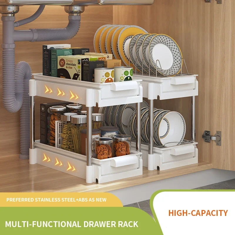 

Kitchen Under Sink Storage Organizer Sliding Drawer Storage Rack 2 Tier Multipurpose Holder for Kitchen Bathroom Cabinet