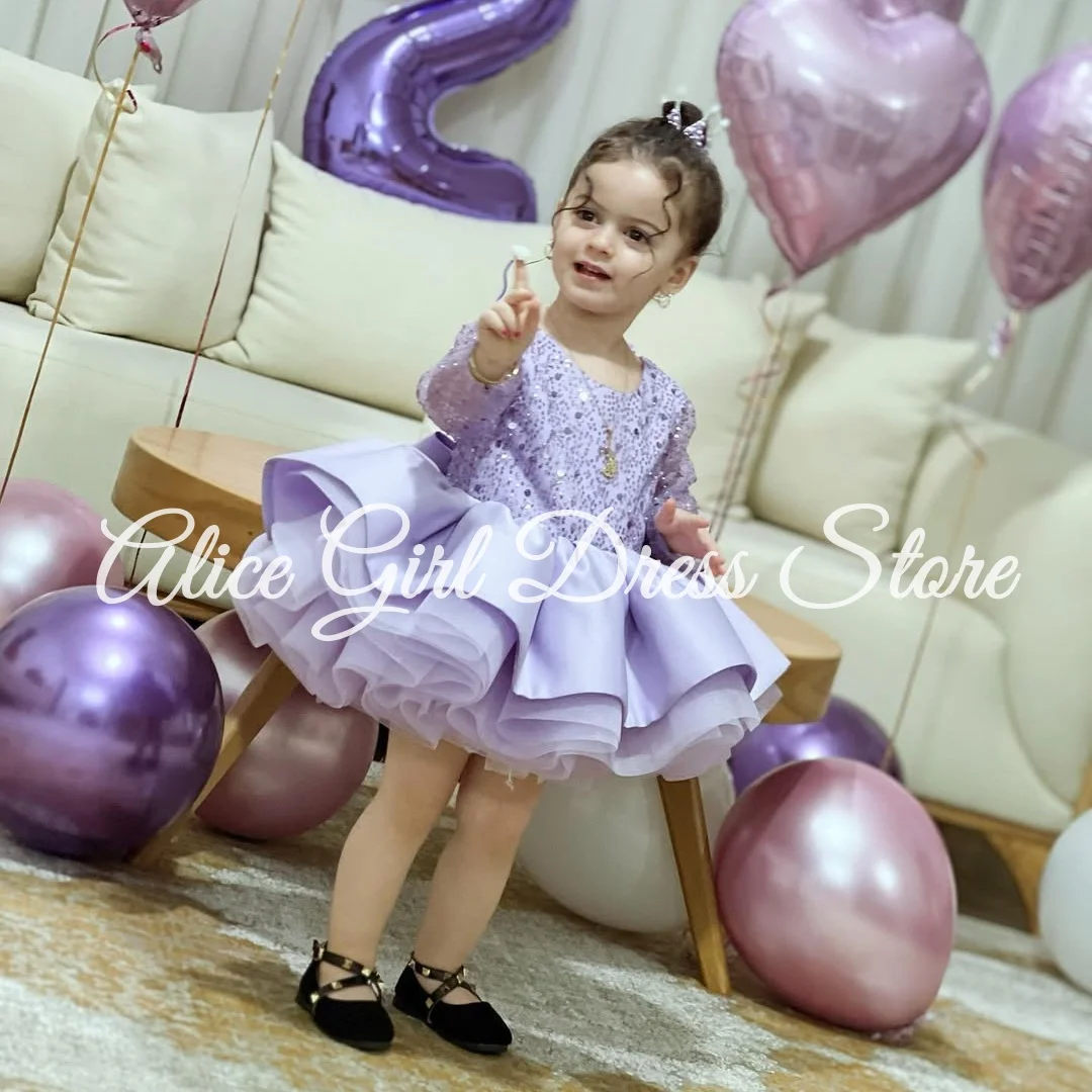 Vestido de niña de flores morado personalizado para boda, lentejuelas, manga larga hasta la rodilla, vestido de fiesta para desfile para niños, vestidos de primera comunión