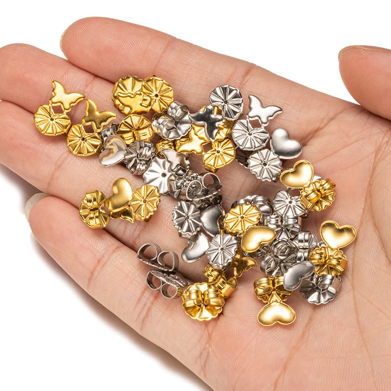 20pcs/Lot Stainless Steel Heart Butterfly Round Earring Lifters Backs for Ear Studs Plug Stoppers Accessories Jewelry Supplies