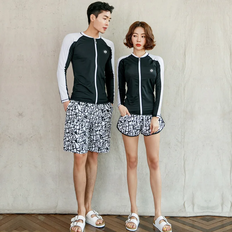 Korean Couple Swimsuits Women Men's Black White Surfing Suits Bathing Sun Protection Sports Pants Long Sleeve Swimwear Shorts