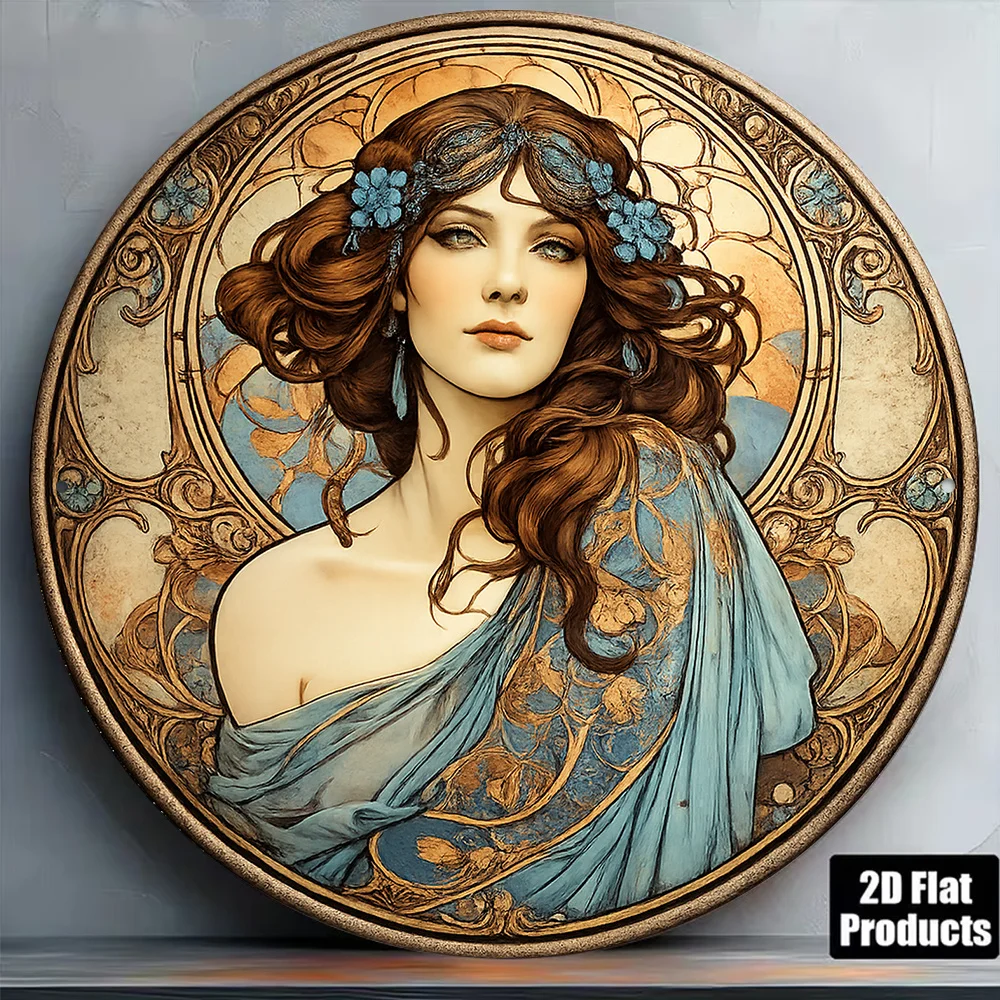 2D Flat, 1pc 1pcs Alfons Mucha Female Portrait Wall - Vintage Nouveau Plaque Sign Suitable for, Cafe, Studio Decor - Round Frame