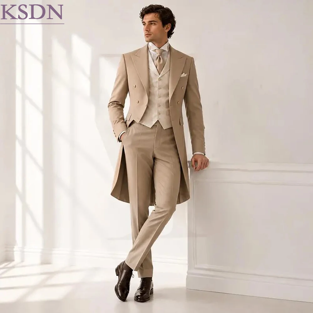 High Quality Tailcoat Men's Suits Fashion Double Breasted Regency 3 Piece Jacket Pants Vest For Event Cosplay Party Terno