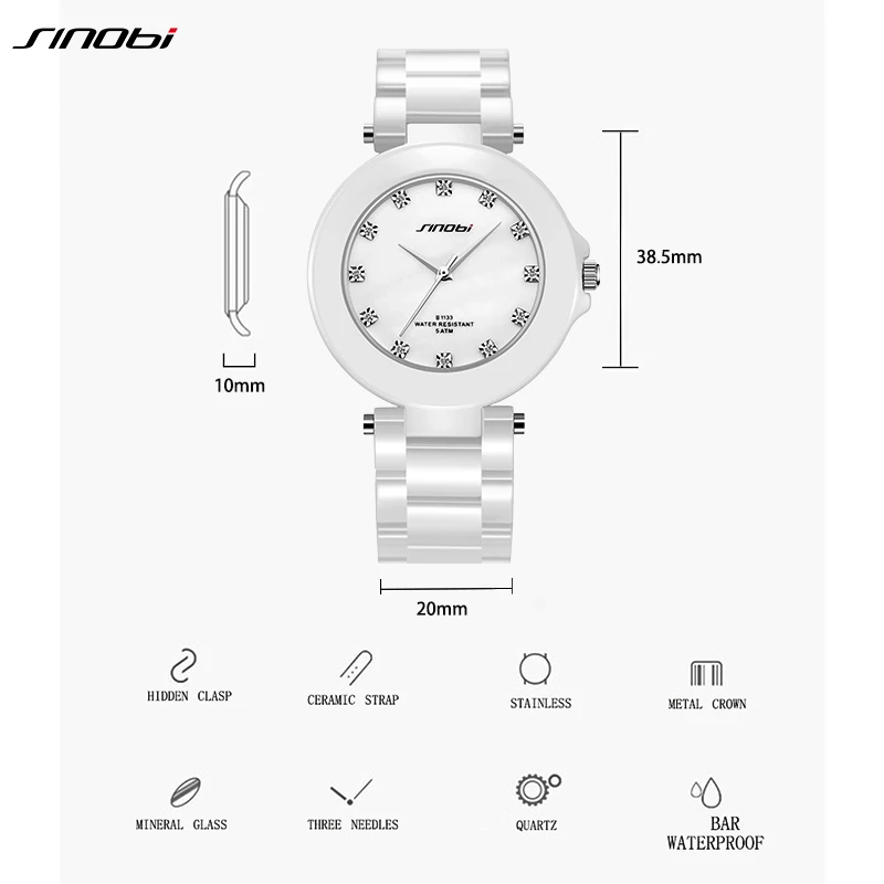 SINOBI High Quality Woman\'s Watches Fashion Real Ceramic Ladies Gifts Watch White Diamond Womens Quartz Wristwatches Reloj Mujer