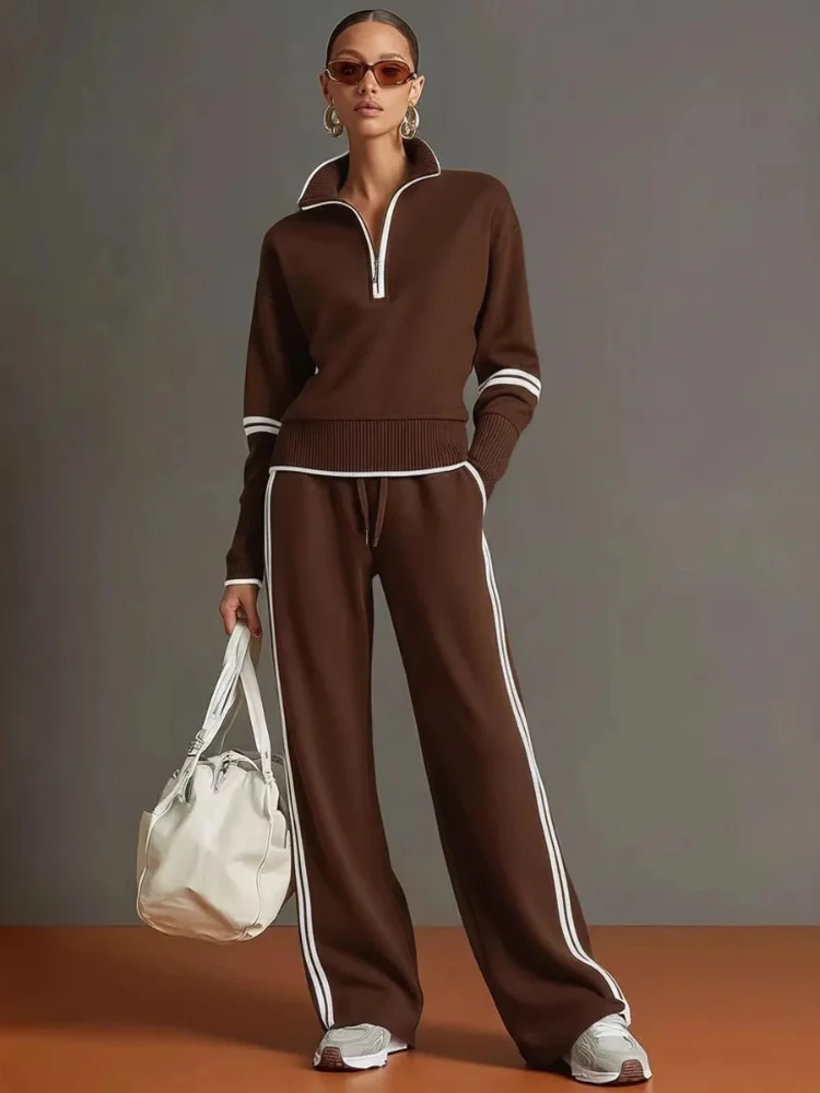 Conjunto de Moletom Feminino Elegante 2026: Calças de Cor Sólida com Contraste e Blusas de Manga Comprida Estilo Europeu e Americano