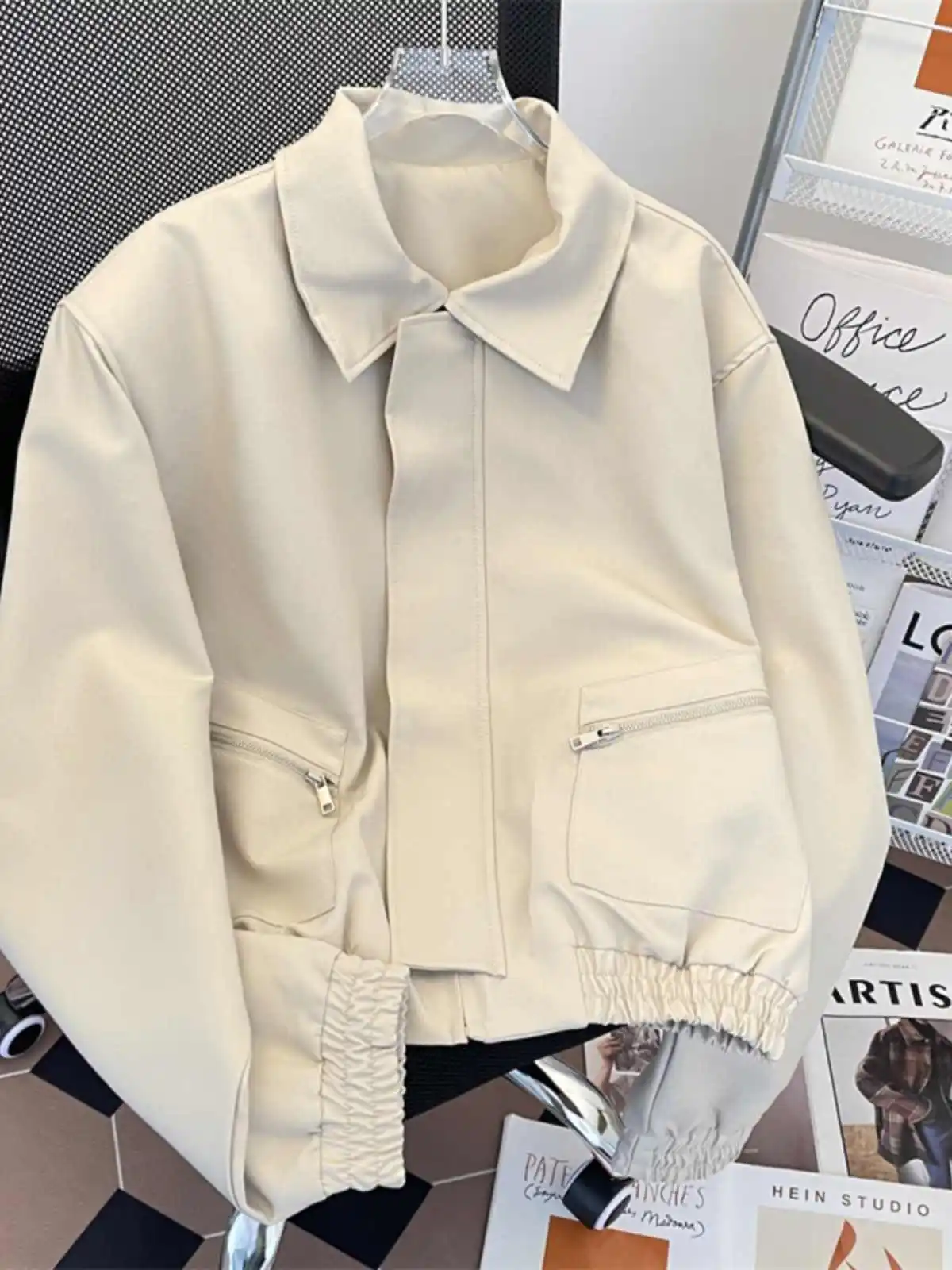 

Women's Khaki Oversize Bomber Jacket Coat Vintage Harajuku 2000s Emo Aesthetic Long Sleeve Autumn Coats Loose Outerwear Clothes