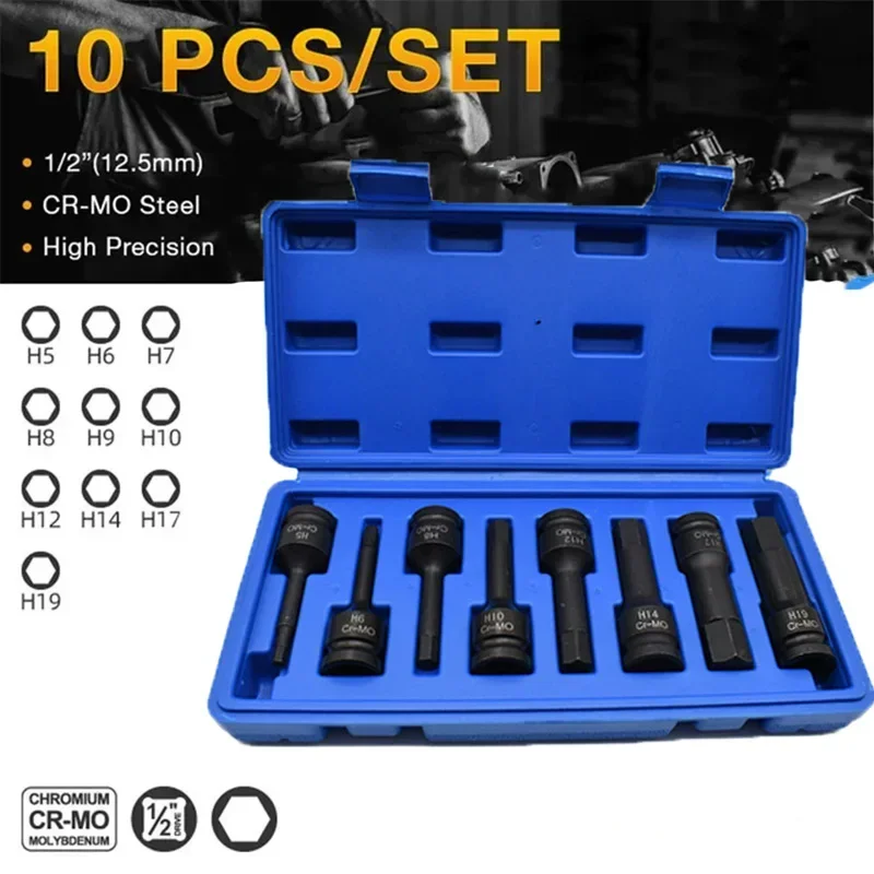 Drill Bit Tools 8/10 Set 1/2” Pneumatic Wrench Hexagonal Drive Hex Allen Bits Kit Cr-mo Hex Socket Metric Power Nuts Driver