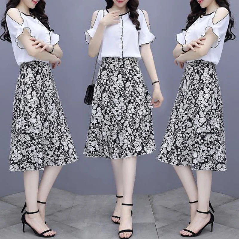 Women's Shirts And Long Dress Two Piece Set Summer New High Waist A-line Skirt Suit Korean Fashion School Casual Birthday Outfit