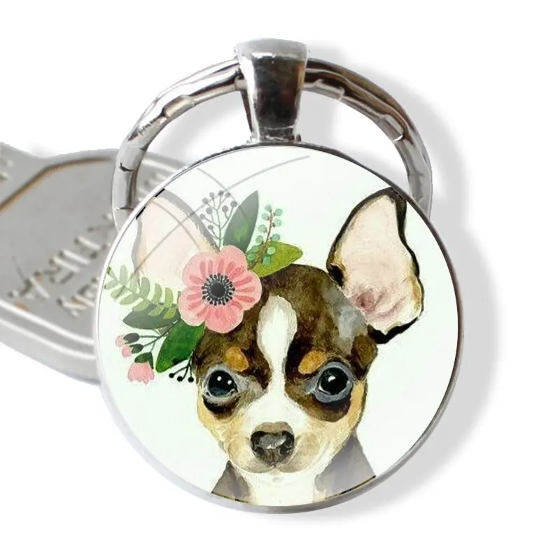 Animal head wearing flowers hedgehog cow dog fox Keychain Handmade Glass Cabochon Key Ring Holder Pendant Key Chains