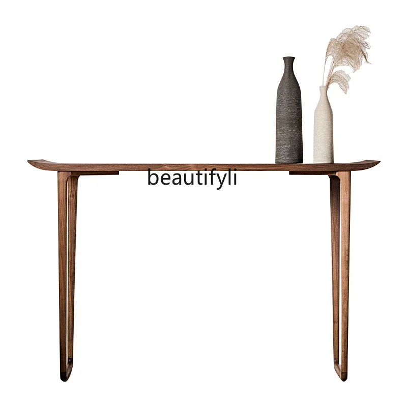 Customized Nordic Modern Minimalist Black Walnut New Chinese Solid Wood Altar Console Tables Warped Head Side View Sets