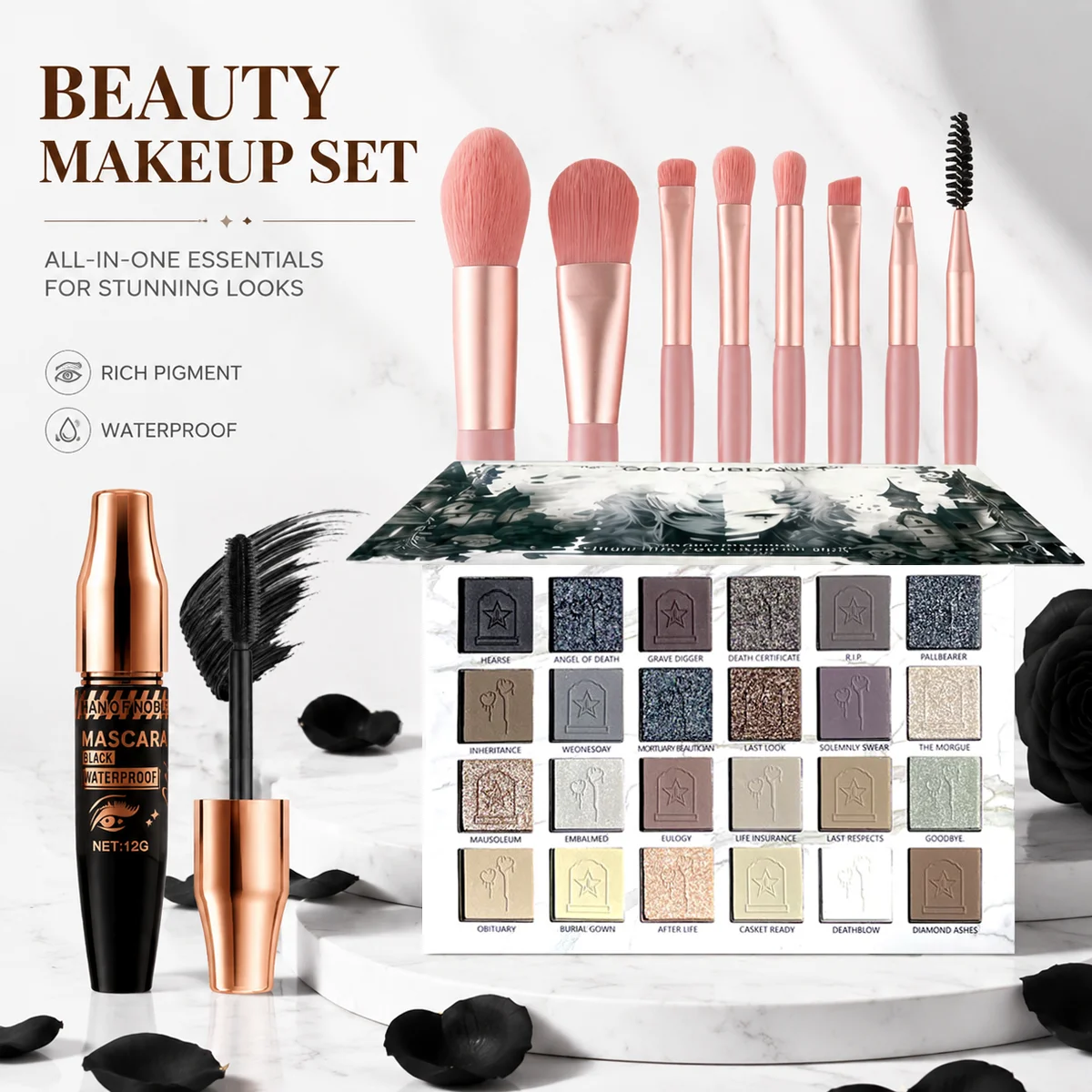 24-Color Halloween Eyeshadow & Makeup Brushes & Mascara Eye Makeup Set, Earth-Tone Smoky Matte and Shimmer for a Natural Look
