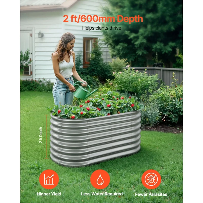 Metal elevated garden flower bed, oval galvanized flower pot, open bottom design