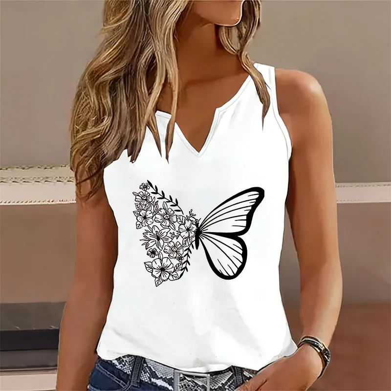 Fashion Sleeveless Tank Top T-shirt V Neck Casual Vintage Butterfly Vest T Shirts Women Short Sleeve Tee Shirt V-Neck