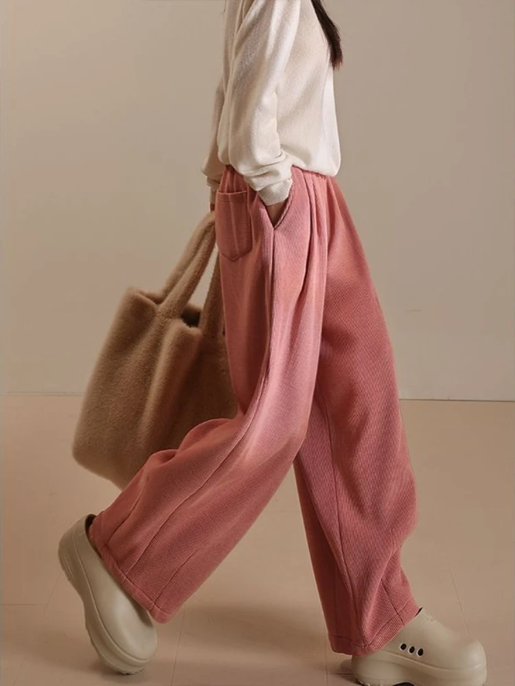 Herbst und Winter Cord Hosen Samt Verdickte Gerade Breite Bein Hosen Frauen Casual Elastizität Hohe Taille Neun Viertel Hosen