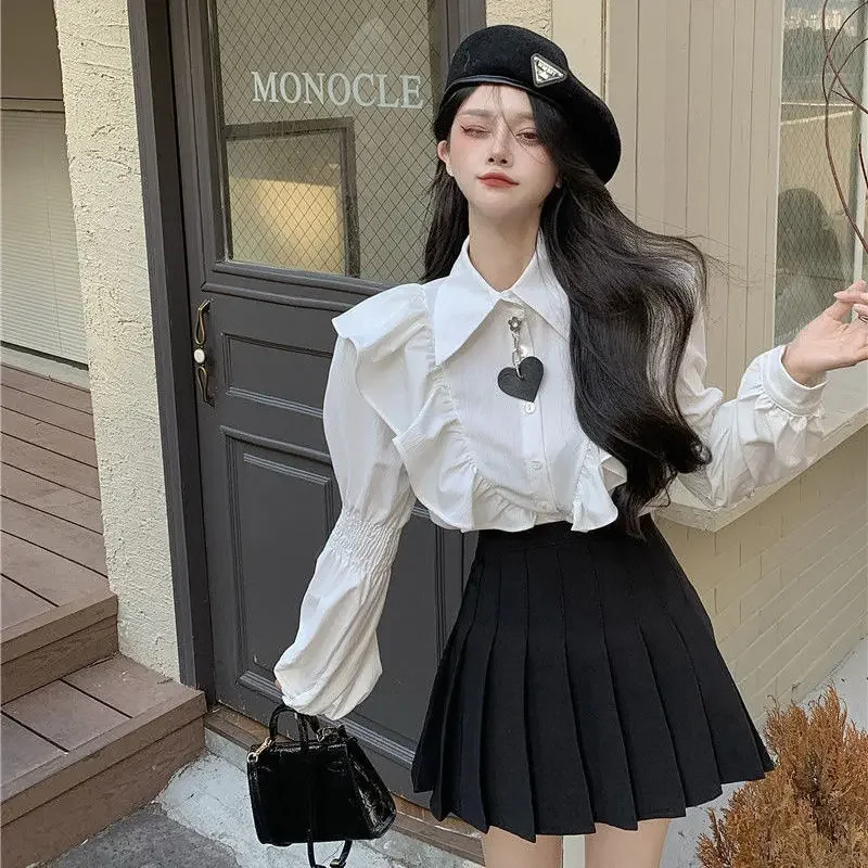 White Shirts Women Ruffles Sweet All-match Solid Elegant Puff Sleeve Turn-down Collar Streetwear Camisa Mujer Preppy Chic Ins