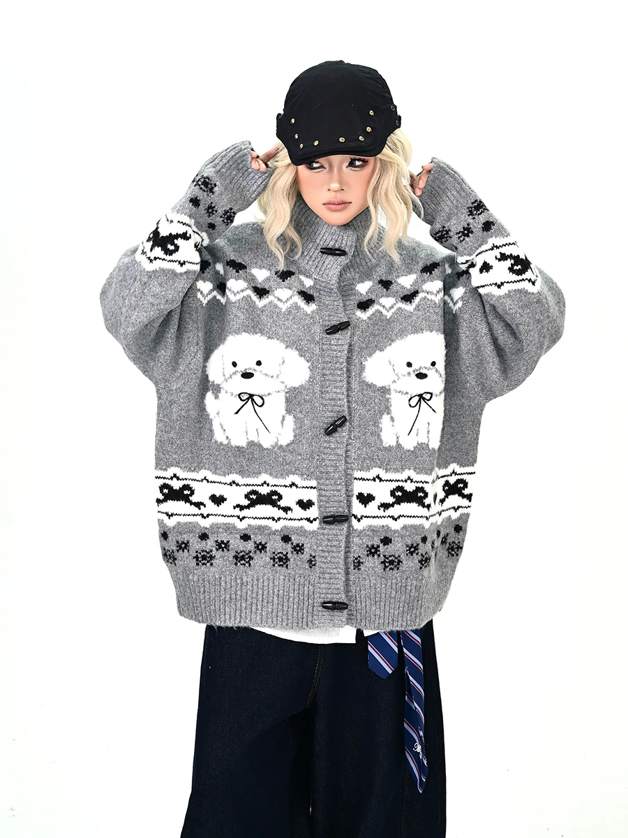 

Ретро-кардиган в американском стиле, вязаный, свободного кроя, на пуговицах, в стиле Doggies, свитер для пар, повседневная осенняя верхняя одежда