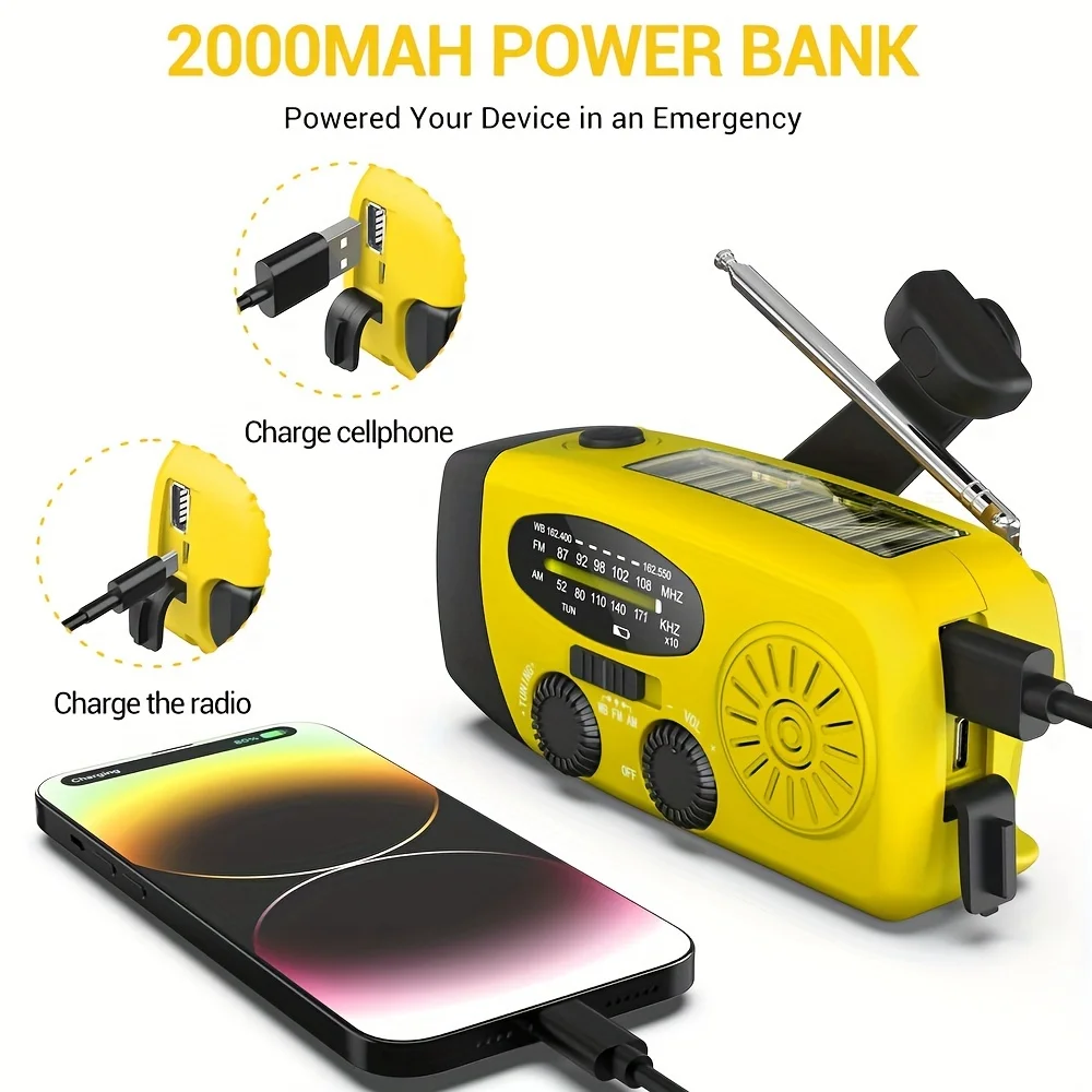 2000mAh Emergency Radio with Hand Crank & Solar Power Rapid Phone Charger Weather Alert AM/FM/NOAA Radio 3-LED Flashlight