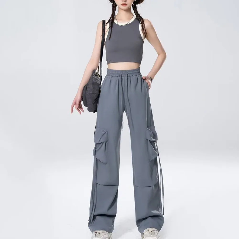 

Drawstring Wide Leg Sweatpants Y2K Oversized Baggy Cargo Pants High Waisted Multi-pockets Women Joggers Trousers Sports