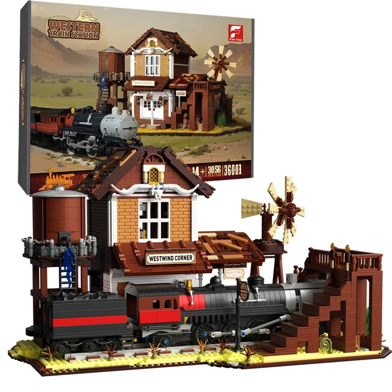 3885PCS 서부 철도역 빌딩 블록 증기 기관차 도시 거리 풍경 모델 브릭 어린이 교육용 DIY 장난감 휴일 선물