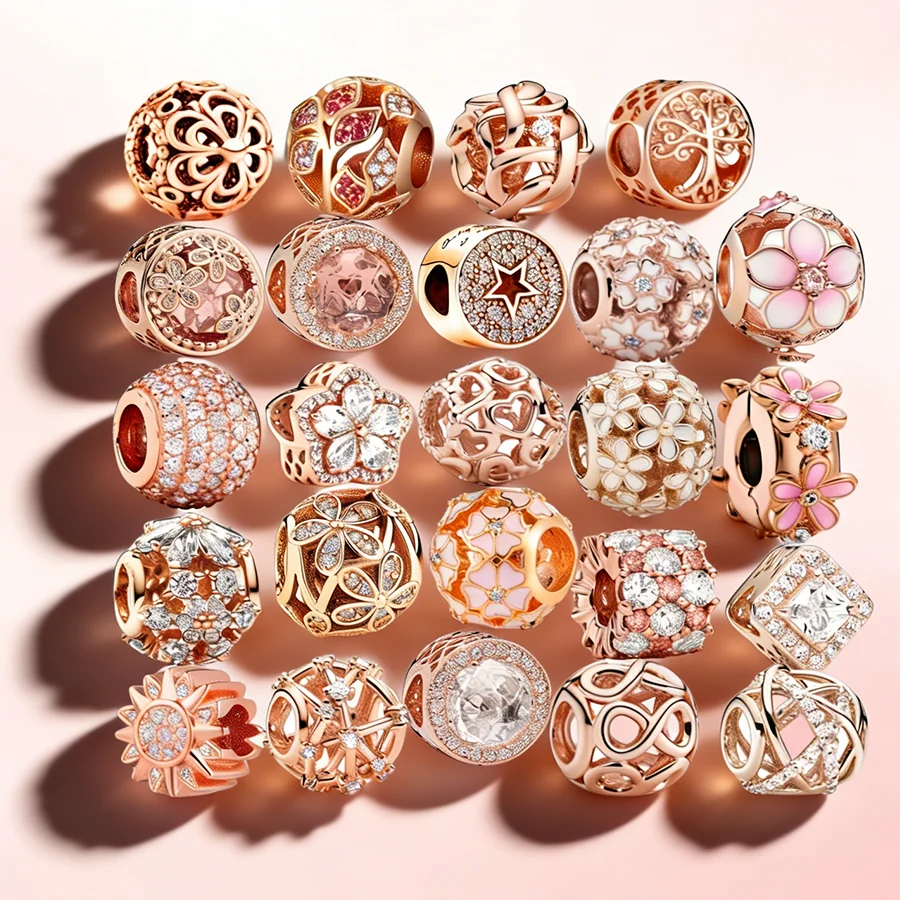 2026 Hot Sale Rose Gold Plated Charm Beads,Flower & Crystal Beads,DIY Women Jewelry Gifts,Compatible With European Bracelets