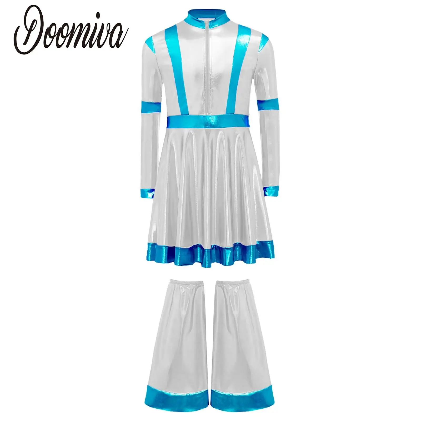 

Girls Alien Robot Astronaut Dress Up Costume Halloween Cosplay Fancy Dress Metallic Long Sleeve Dress with Leg Covers Outfits