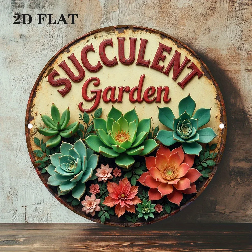 Succulent Garden Metal Sign Round Wall Decor 7.79in Rustic Frame Vibrant Green Orange Plant Shop Home Office Modern Art