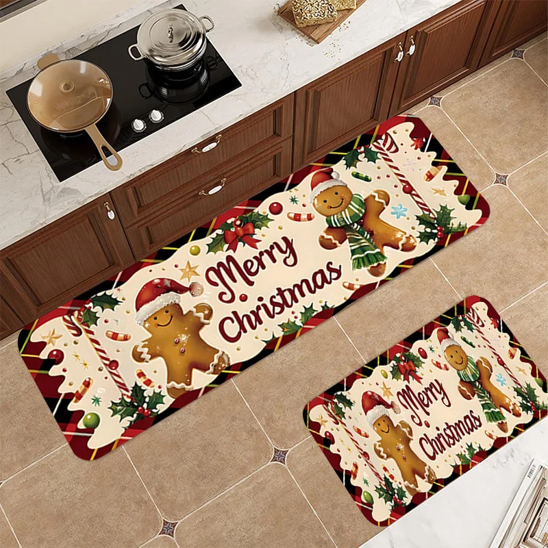 2PC Welcome Gingerbread Man Kitchen Mat 2 Piece, Navy Blue Snow Winter Holiday Rugs,Washable Floor Mat for Kitchen Sink