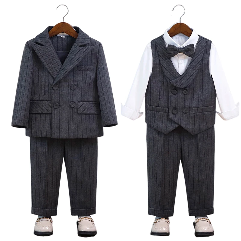 

Children's Formal Striped Suit Set Boys Hosting Speech Piano Performance Costume Kids Blazer Vest Pants Bowtie