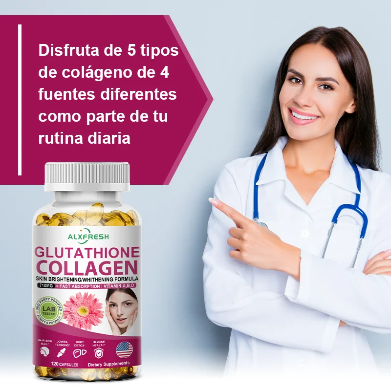 Alexfresh Cápsulas de biotina de glutatión y colágeno hidrolizado con vitaminas |   No OGM Vegano Sin Gluten | Suplemento Dietético