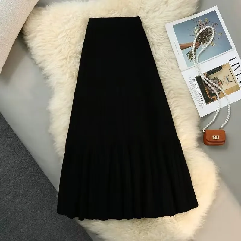 

High Waist Slim Pleated A-line Skirt For Women Autumn Winter Long Knitted Skirts Female New Casual Elegant Sweater Skirts