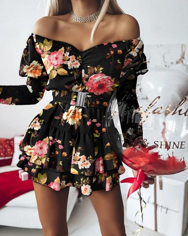 Women Dress Elegant Commuting Sweetheart Collar Fluffy Short Sleeve Floral Print Lace Panel High Waist Layered Ruffle Mini Dress