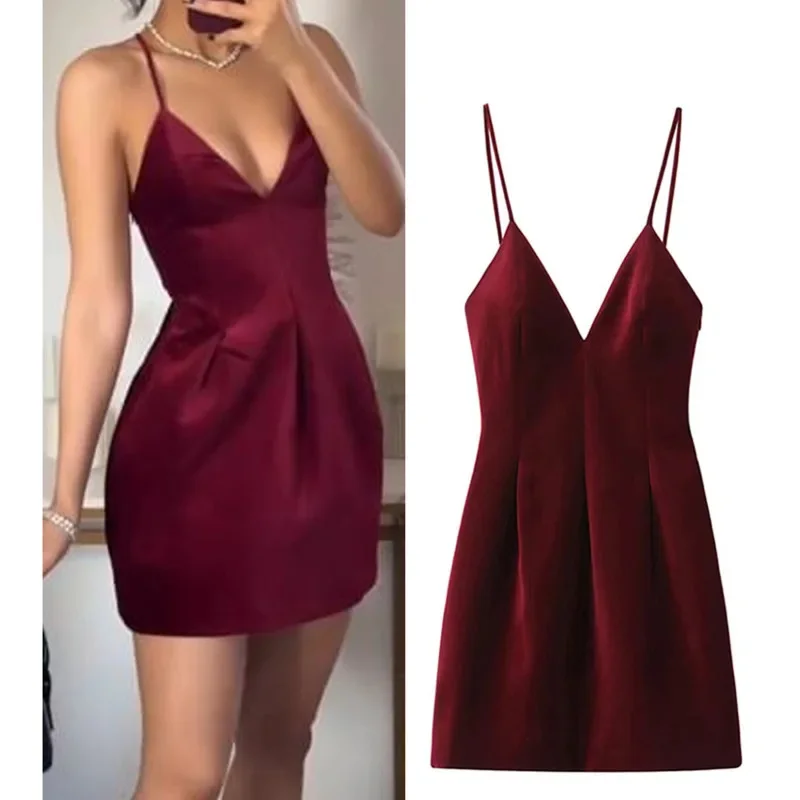 Retro Red Velvet Sling Mini Dresses Women Sexy Sleeveless V Neck Backless Short Dress Lady A Line Merry Christmas Party Vestidos