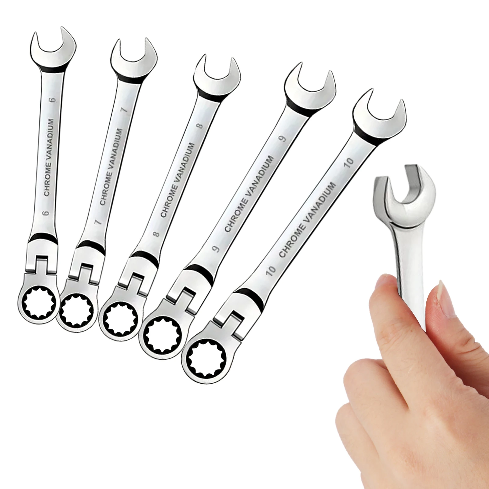 5pcs Carbon Steel Industrial Maintenance 6-10mm Combination Spanner Home Professional Daily Flex Head Ratchet Wrench Set Metric