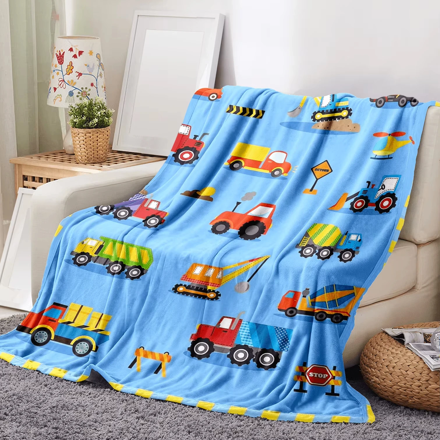 

Cute and soft truck/car blanket comfortable flannel plush blue blanket gift for children's sofa Christmas gift