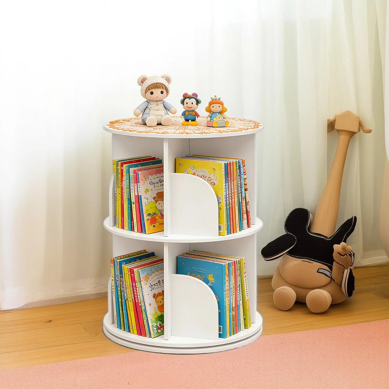 2-Tier Rotating Bookshelf Multi-layer White Rotating Bookshelf Floor Standing Bookcase Storage Rack Adjustable Number of Layers