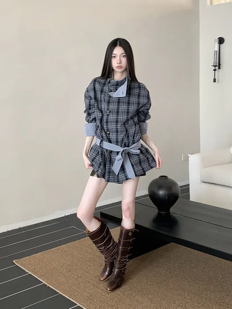 الرجعية كلية Sle الأزرق منقوشة الربط الوجهين ارتداء فضفاض الخصر ort معطف المرأة أوائل الخريف أعلى عارضة تخفيف Sle #5