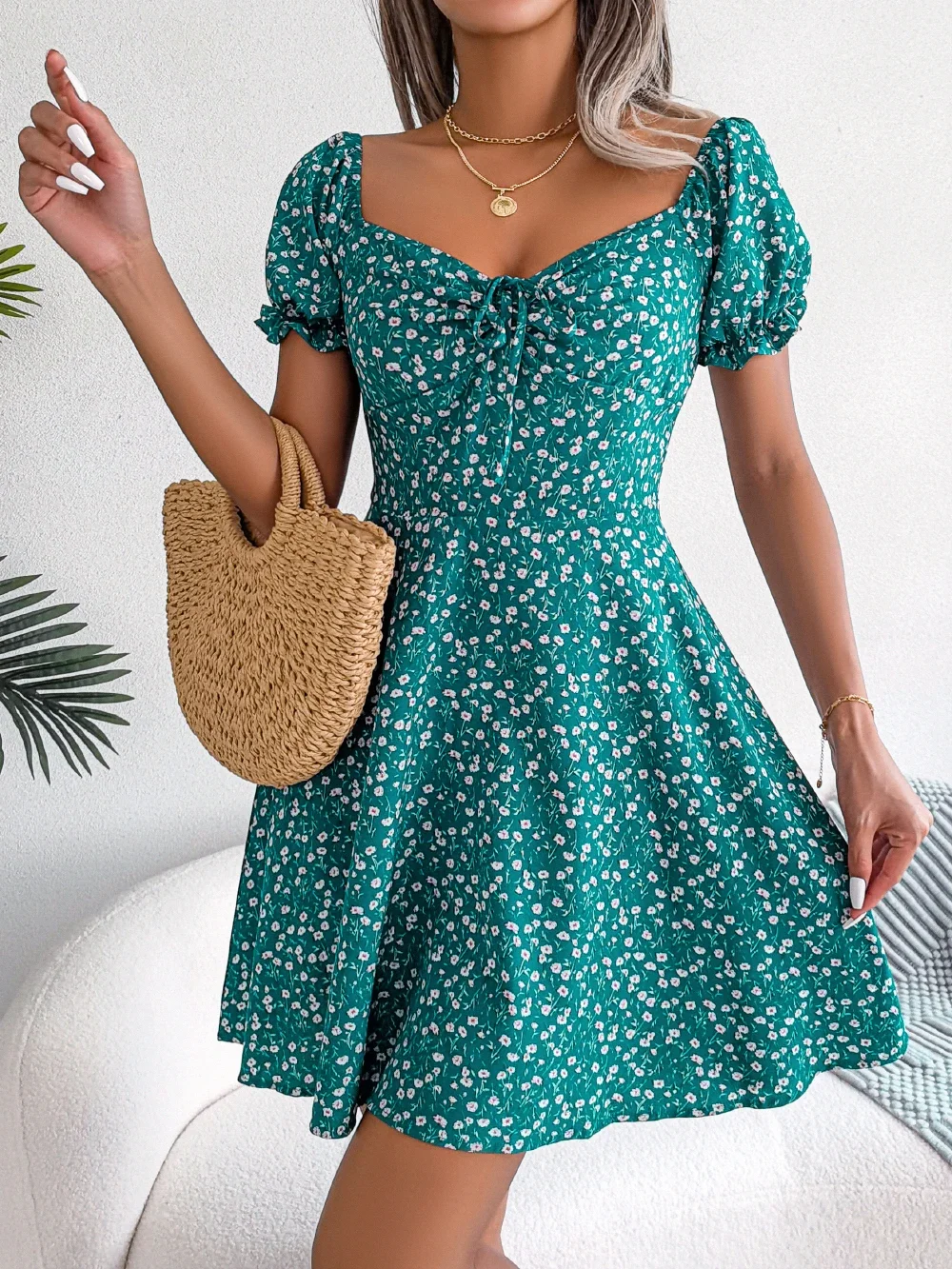 

Women Casual Ruffles Short Sleeve Floral Print A Line Dress