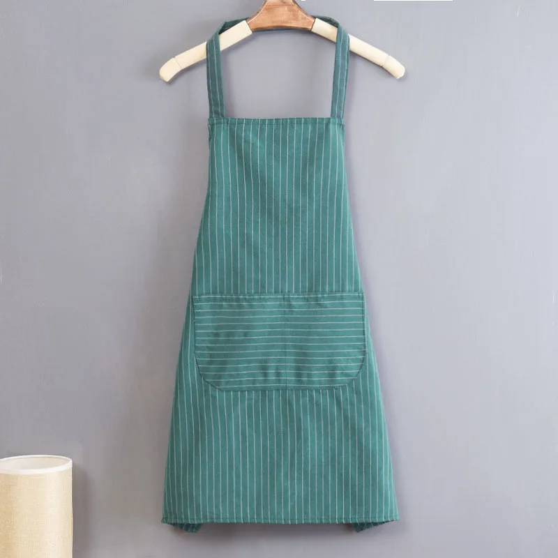 Japanese Large Pocket Cotton Linen Apron Striped Plain Simple Art Hanging Neck Apron Kitchen Cafe Flower Shop Overalls Couple