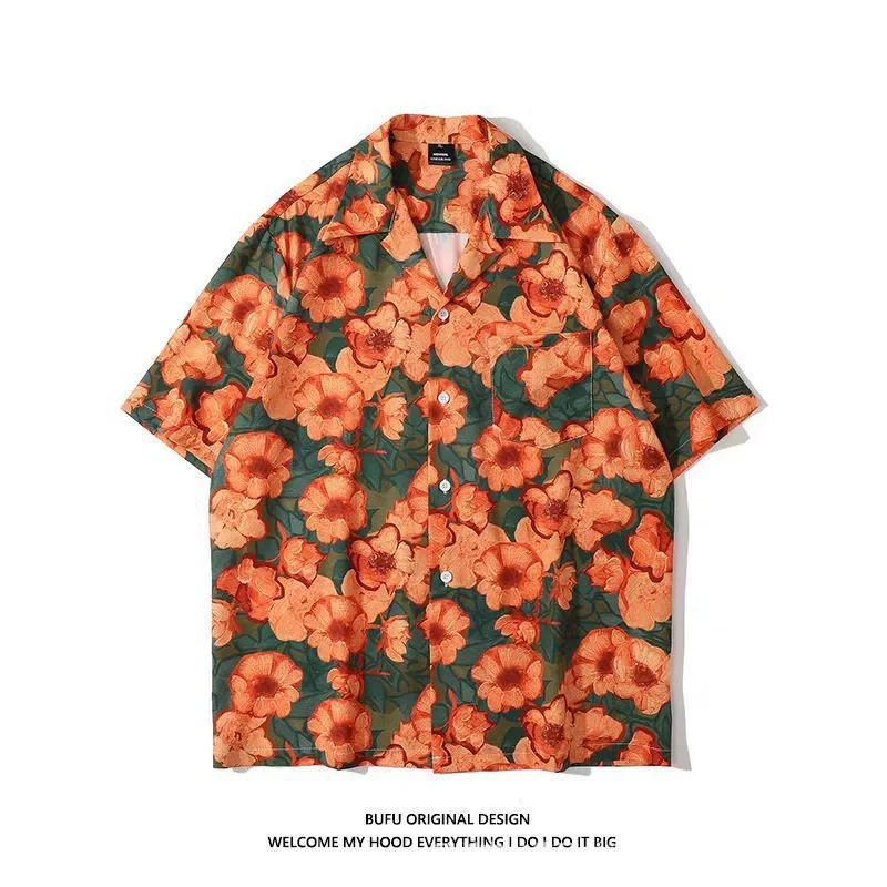 

Casual Flower Print Shirt Men's Fashion Beach Vacation Style Loose Short Sleeves Lapel Cardigan Shirts Female Spring Summer New