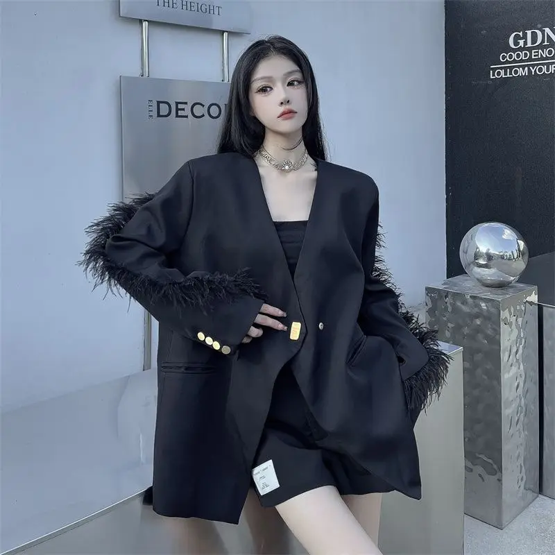 Woman's Winter Vintage American Style Short Feather Stitching Blazer Coat Black Hepburn  Loose V-neck Suit Jacket for Woman