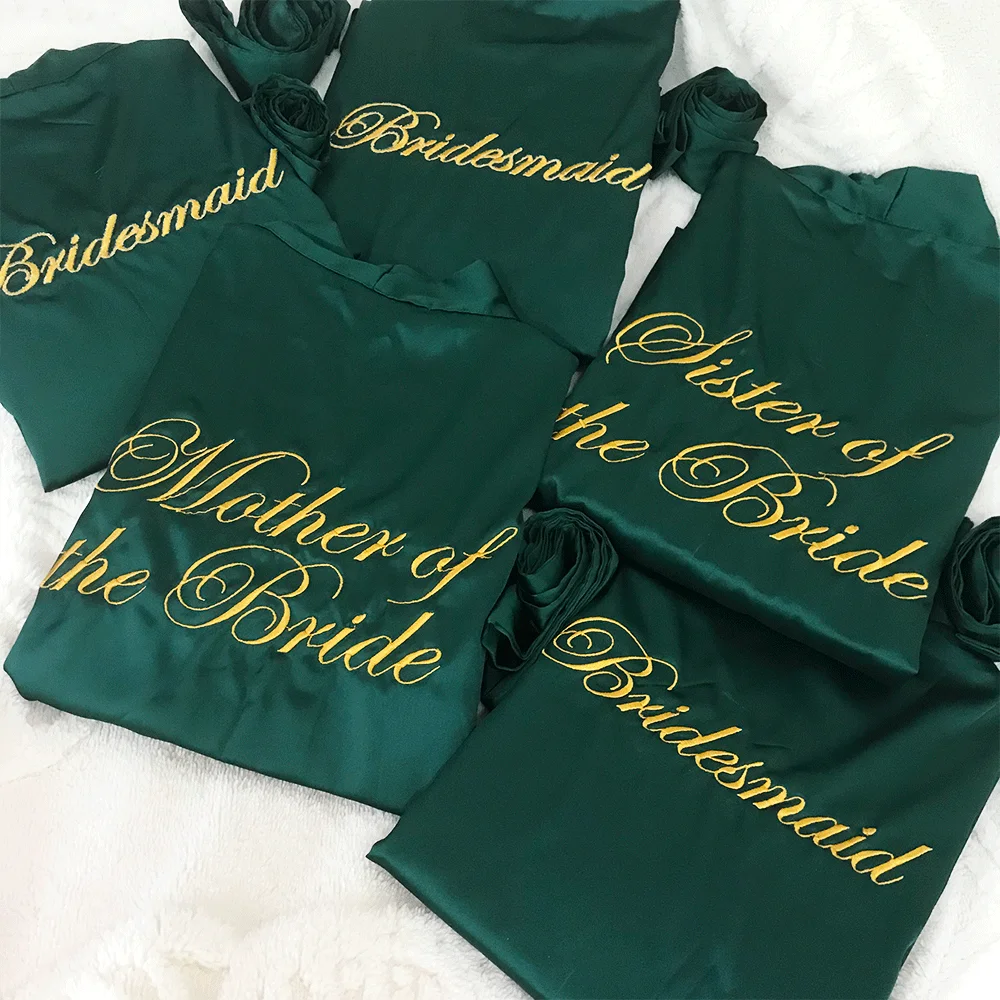 Embroidered Sister of the Bride Robe Mother of the Bride Kimonos Bridesmaid Embroidered Robes Jade Green with Gold Yellow Thread