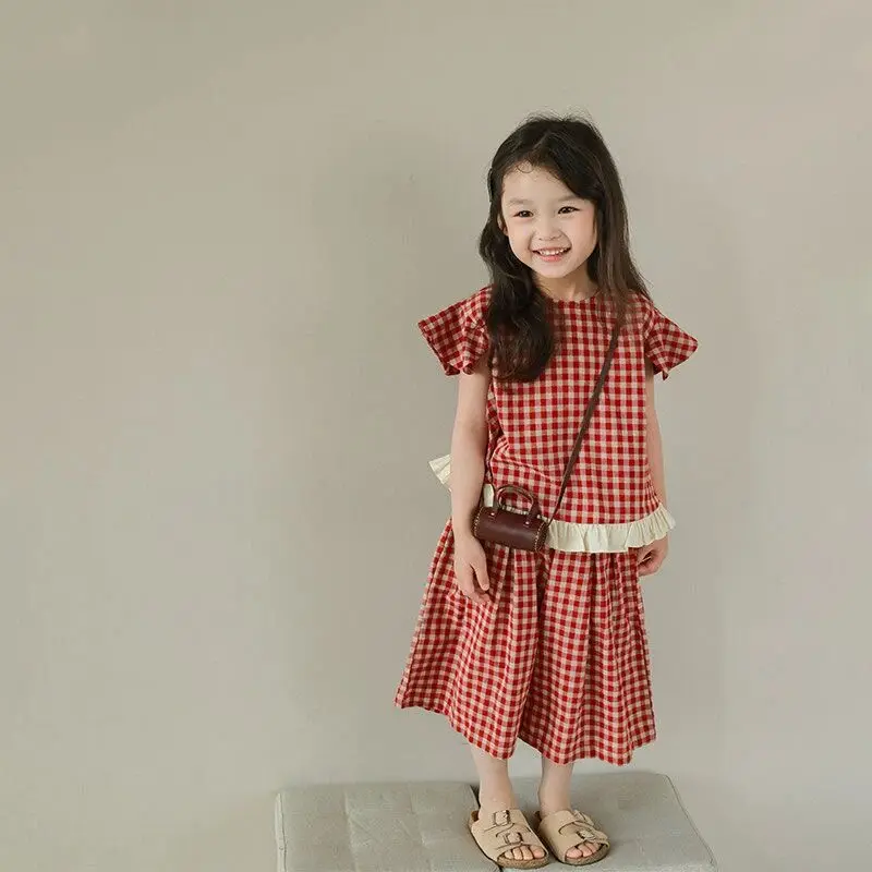 

Baby Girls' Summer Set New Children's Flying Sleeve Plaid Top+Wide Leg Pants 2-piece Set 90-140cm